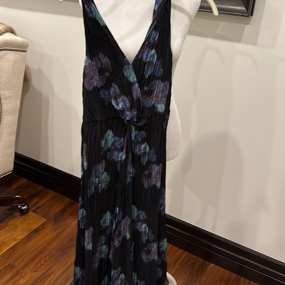 Vince Black Midi Dress with Blue and Purple Floral Print